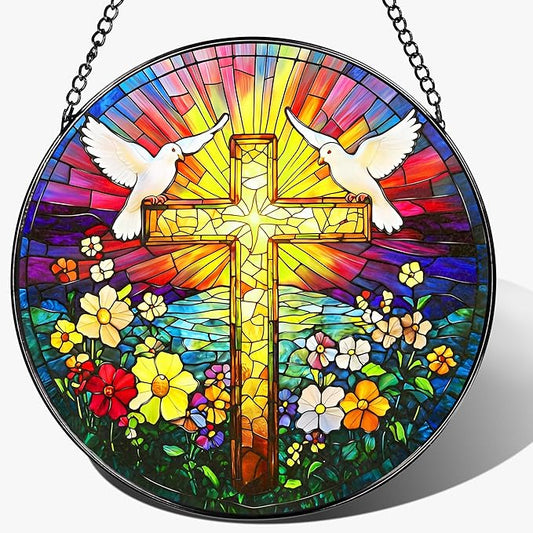8'' Cross Stained Glass Ornament, Religious Suncatcher, Christian Window Hanging Decor, Easter Decor, Gifts for Christmas, Religious Gift, Christian Gift