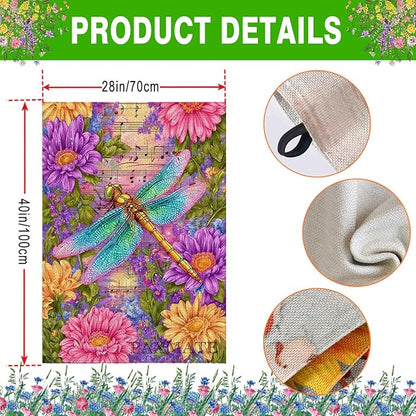 Spring Dragonfly House Flag 28 x 40 Double Sided Outside, Large Floral Flowers Yard Outdoor Flag for Summer Holiday Yard Porch Decor
