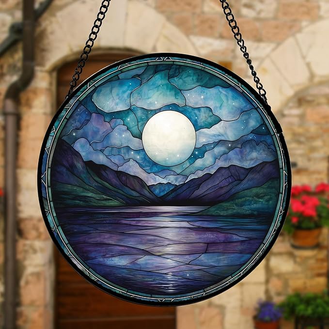 DASTOLL Stained Glass Window Hanging, Blue Night Moon Lake Sun Catchers Colorful Glass Panel Landscape Suncatcher Decor for Birthday for Women, Men, Wife, Aunt, and Mom 7.8 in
