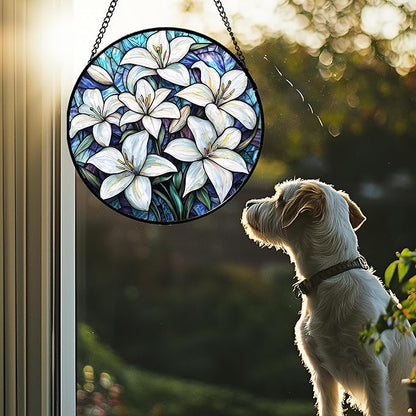 Stained Glass Window Hanging - White Lily Flowers Suncatcher for Door Terrace Garden Home Decor Blue Purple Sun Catcher Birthday Gifts for Lovers Women Men Dad Mom Nana 7.8 in