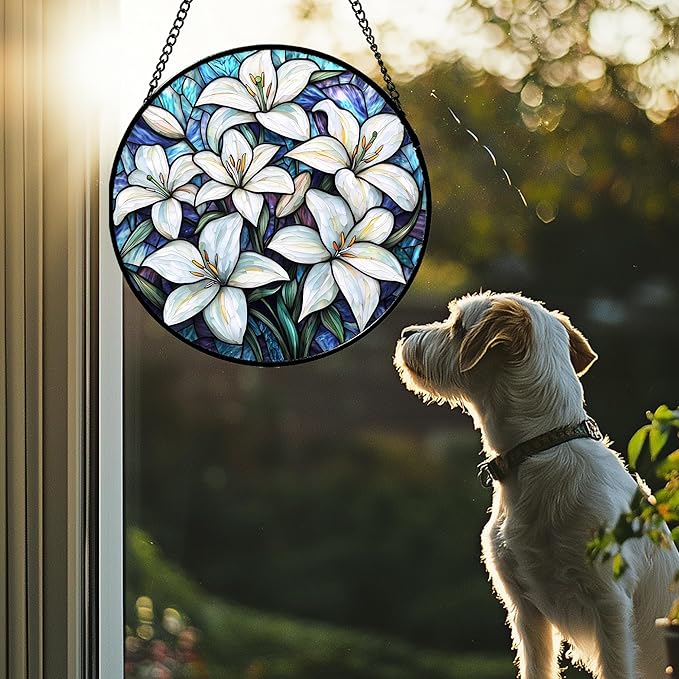 Stained Glass Window Hanging - White Lily Flowers Suncatcher for Door Terrace Garden Home Decor Blue Purple Sun Catcher Birthday Gifts for Lovers Women Men Dad Mom Nana 9.8 in