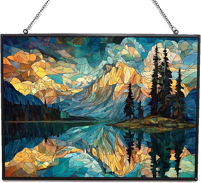 Rectangle Mosaic Mountain Reflection Lake Stained Glass Window Hanging, 15" W X 11" H Stained Glass Panel with Chain, Suncatchers for Windows Hanging Decorations, Gifts for Mom