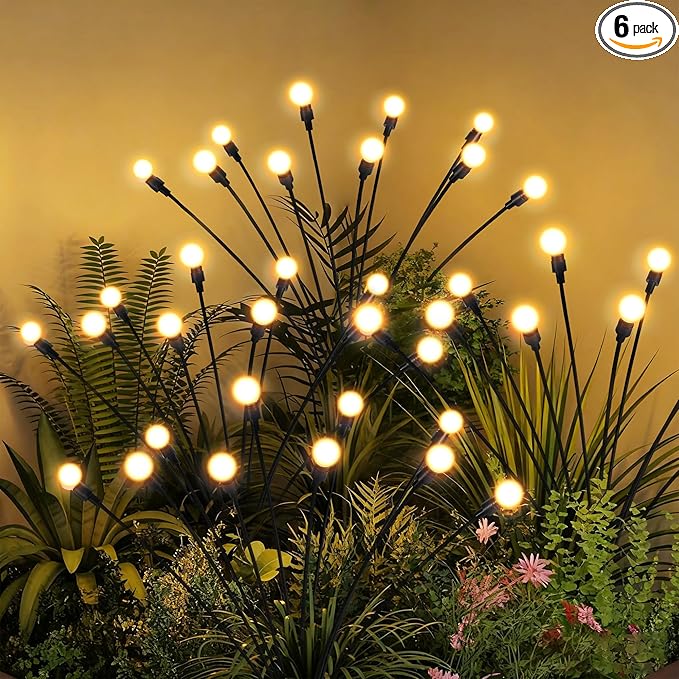 Solar Garden Lights, LED Swaying Solar Lights Outdoor Waterproof, Warm White Firefly Outdoor Decorative Lights, Garden Decor, Yard, Patio, Pathway Decoration Gardening Gifts (6 Pack)