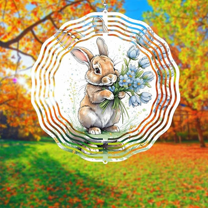 Easter Bunny Wind Spinner Easter Day Gifts 3D Metal Kinetic Hanging Wind Sculpture Spinners for Yard and Garden Indoor Outdoor Window Easter Rabbit Yard Art Garden Decoration 8 Inch (Bunny 8)