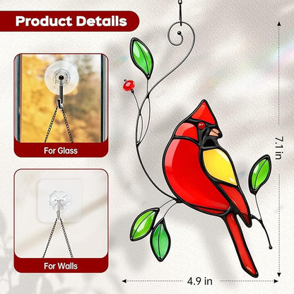 Cardinal Stained Glass Window Hanging for Mother's Day, IDEA SHOW Red Cardinal Suncatcher, Real Glass Window Hanging Ornament, Handmade Bird Home Decor Memorial Gift for Women, Mom, Bird Lover