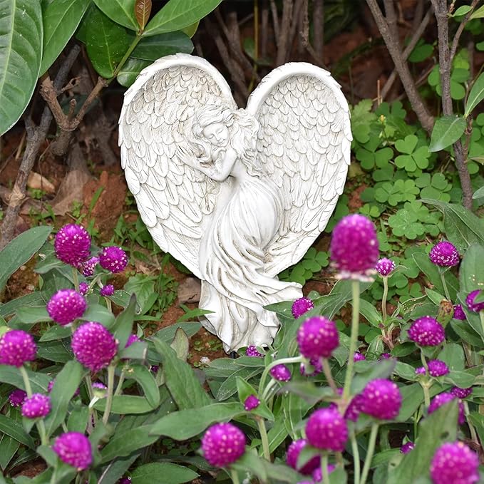 Sleeping Angel Garden Outdoor Statue Memorial Angel Figurine & Sculpture Memory Guardian Angel with Stake - 12 inch