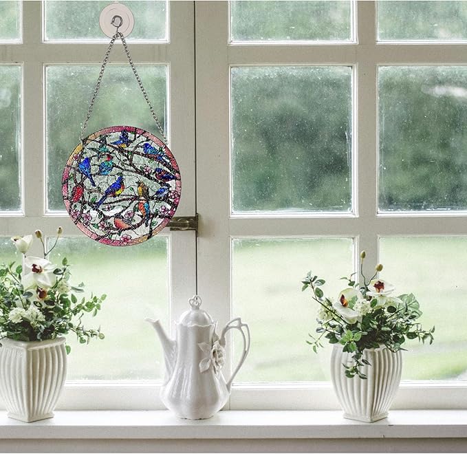 Birds and Flowers Hanging Stained Glass for Windows, Hand-Painted Sun Catcher Garden Hangings Christmas Mother's Day, Valentine's Day Ornaments Festival Gift (Small)