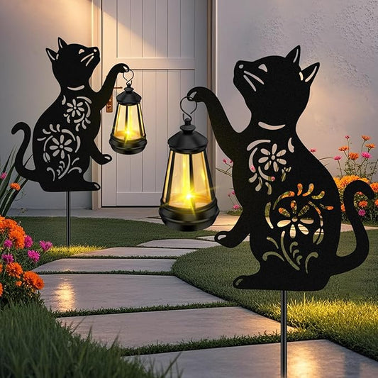 ZFNN Solar Garden Statues Cat Decor - Outdoor Metal Lantern Silhouette Stake, Waterproof Solar Lights for Yard Patio Lawn Pathway Art Decoration, Unique Gardening Gifts for Women Mom Cat Lovers