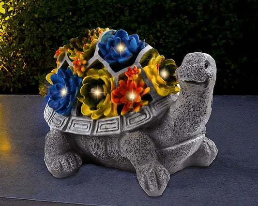 Solar Garden Outdoor Turtle Statue with Succulent and 7 LED Solar Lights – Lawn Decor Tortoise for Patio, Balcony, Yard, and Outdoor Solar Lantern