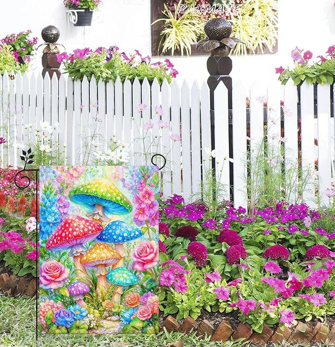 Spring Summer Garden Flag 12x18 Inch Double Sided Outside Colorful Mushroom Floral Flowers Outdoor Seasonal Holiday Welcome Yard Decoration