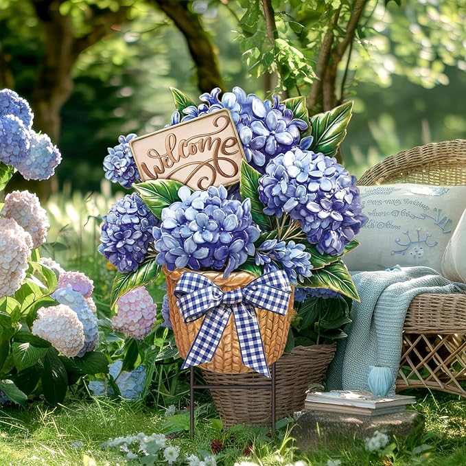 Amyhill Spring Outdoor Decor Hydrangea Metal Garden Stakes 25 Inch Decorative Hydrangea Yard Signs with Stakes Waterproof Floral Lawn Sign Welcome Outdoor Decorations for Patio Porch Lawn Backyard