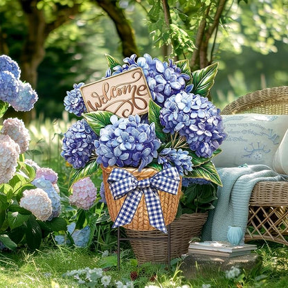Amyhill Spring Outdoor Decor Hydrangea Metal Garden Stakes 25 Inch Decorative Hydrangea Yard Signs with Stakes Waterproof Floral Lawn Sign Welcome Outdoor Decorations for Patio Porch Lawn Backyard