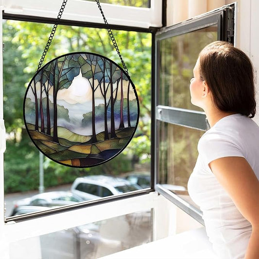 DASTOLL Stained Glass Window Hanging, Green Brown Smoke Forest Moon Suncatcher for Doors Window Home Tree Sun Catchers Decor Mother's Day Birthday Gifts for Women, Men Mom 6.3 in
