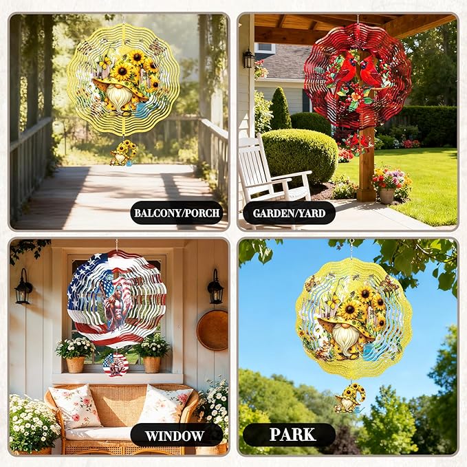 Gnomes Hanging Wind Spinner Outdoor - Gnome Gifts for Women, Stainless Steel Wind Sculpture Sunflower Art Ornaments with Card for Garden Balcony Patio Yard Lawn Decorations