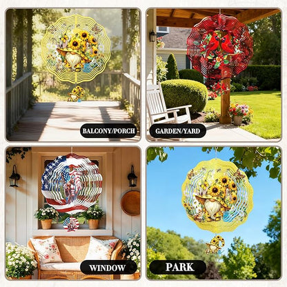 Gnomes Hanging Wind Spinner Outdoor - Gnome Gifts for Women, Stainless Steel Wind Sculpture Sunflower Art Ornaments with Card for Garden Balcony Patio Yard Lawn Decorations