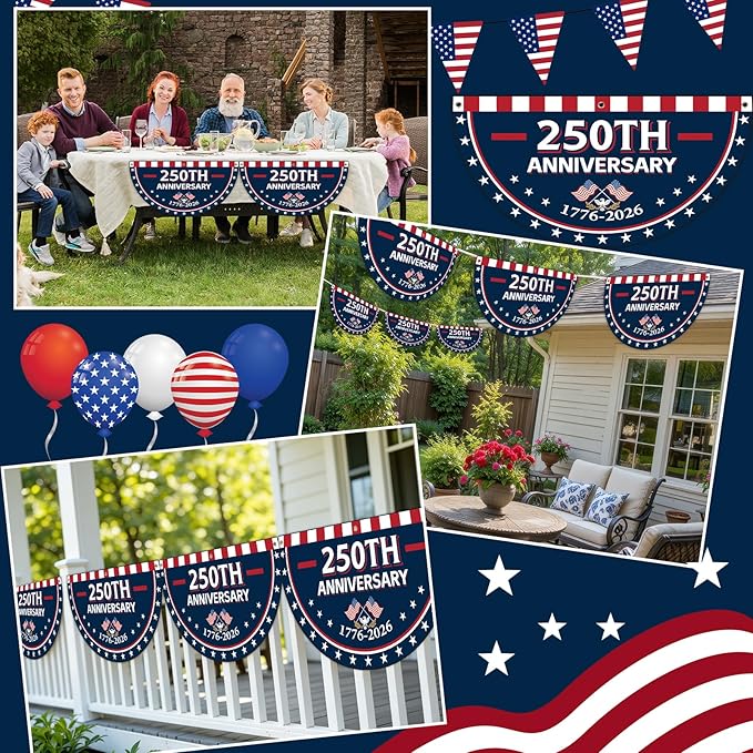 8Pcs 1.5x3 Ft 250th Anniversary USA Flag Bunting 1776-2026 Birthday Fan Flag Decoration Patriotic Stars 250 Years Anniversary Yard Signs for 4th of July Memorial Day Indoor Outdoor Porch Hanging Decor