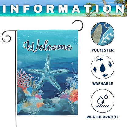 Welcome Coastal Garden Flag with Starfish Ocean Theme Summer Beach Yard Flags Nautical Sea Life Outdoor House Banner for Yard Lawn Patio Porch Pool Rusitc Seasonal Home Decor 12x18 Inch