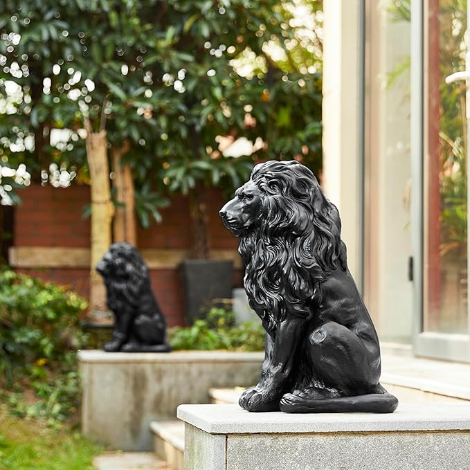 Glitzhome Guardian Sitting Lion Statue Regal Indoor and Outdoor Garden Sculpture for Home Entrance Porch and Yard, 20.75in Tall, Black