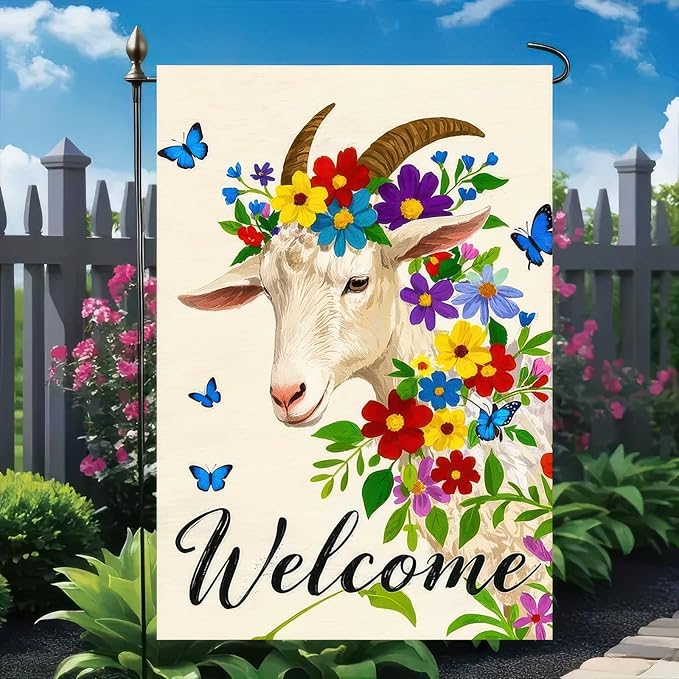 BlissYard Welcome Goat Garden Flag Spring Summer Farmhouse Garden Flag 12x18 Inch Double Sided Floral Goat Yard Flag Outdoor Lawn Patio Porch Rustic Country Decor