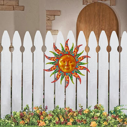 Metal Sun Wall Decor, 16 Inches, Colorful Sun Face Art Hanging for Indoor Outdoor Garden Farmhouse Yard Patio Fence Living Room Bedroom