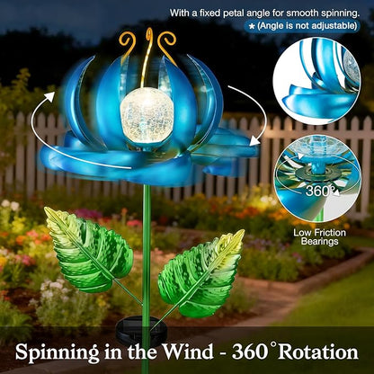Solar Yard Lights Wind Spinners- Metal Lotus Flower Garden Decor LED Crackle Glass Globe Yard Art Sculpture Solar Stake Lights for Patio Pathway Lawn Walkway (Blue-Large)
