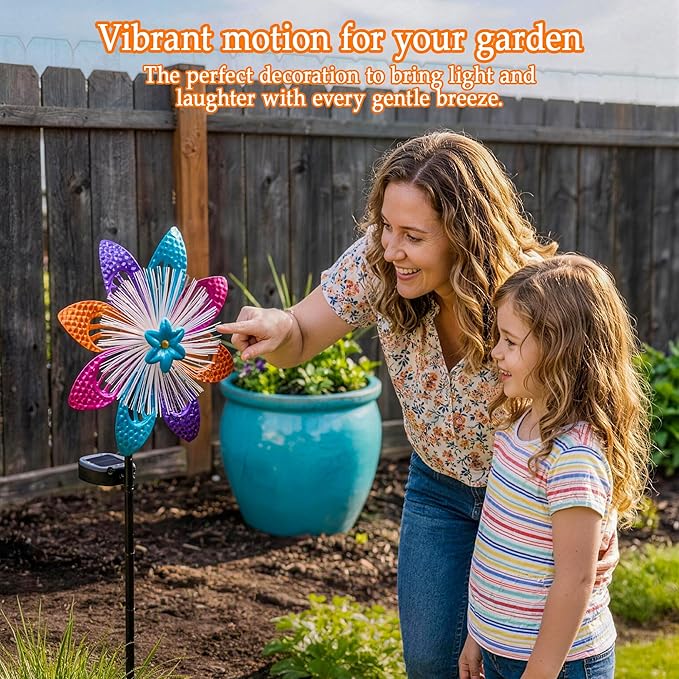 Solar Wind Spinners Outdoor, Metal Wind Sculptures & Kinetic Spinners with Optical Fiber, Garden Spinner Windmills for Yard Decor, Patio Backyard Lawn Decorations, Gifts for Family Friends