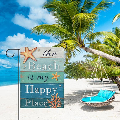 Dyrenson Summer The Beach is My Happy Place Decorative Garden Flag, Blue Coastal Starfish Farmhouse Yard Outside Home Decoration, Coral Pearl Nautical Rustic Outdoor Small Decor Double Sided 12 x 18