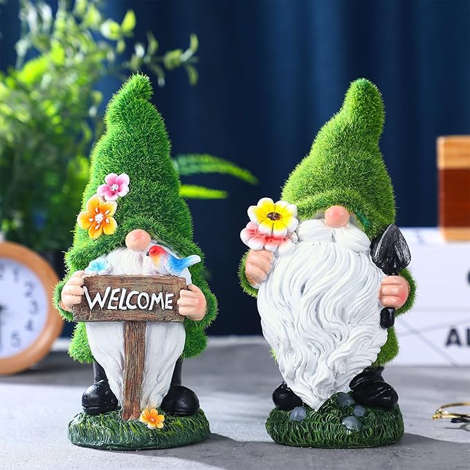 Rossesay 2 Pcs Solar Garden Gnomes Outdoor Decorations with Welcome Sign, Waterproof Resin Gnome Statues with Lights for Outside Yard Patio Porch Decor, Mothers Day Gifts for Mom Grandma Women
