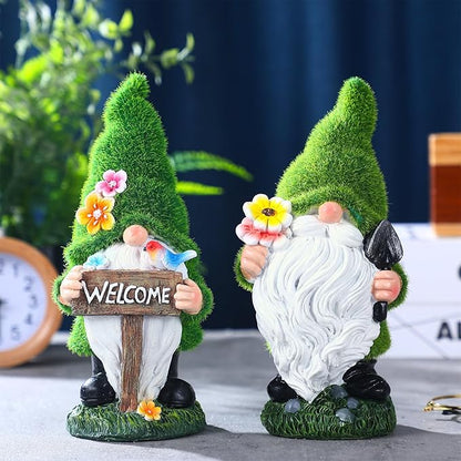 Rossesay 2 Pcs Solar Garden Gnomes Outdoor Decorations with Welcome Sign, Waterproof Resin Gnome Statues with Lights for Outside Yard Patio Porch Decor, Mothers Day Gifts for Mom Grandma Women