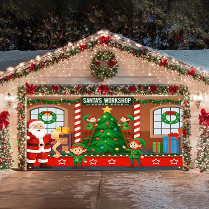 HOMETITUTE Christmas Garage Door Banner 13x6ft Santas Workshop Elves Santa Claus Theme Backdrop Banners for Outside Inside Winter Door Cover Garage Wall Covering for Party Garage Decorations