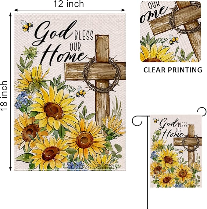 Christian God Bless Our Home Decorative Garden Flag, Religious Spring Summer Easter Cross Sunflower Yard Outside Decorations, Inspirational Fall Autumn Burlap Outdoor Small Home Decor 12 x 18