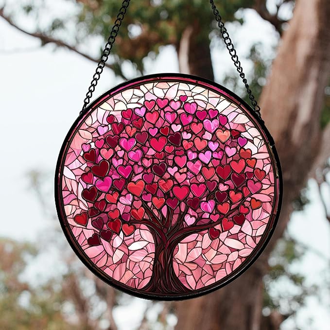 DASTOLL Stained Glass Window Hanging, Pink Love Tree of Life Sun Catchers Colorful Glass Panel Suncatcher Decor for Birthday for Women, Men, Wife, Lovers, and Mom 14.9x14.9 in