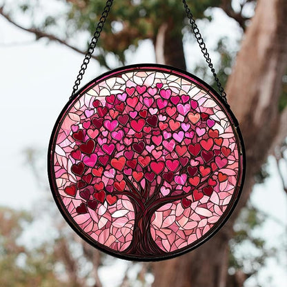 DASTOLL Stained Glass Window Hanging, Pink Love Tree of Life Sun Catchers Colorful Glass Panel Suncatcher Decor for Birthday for Women, Men, Wife, Lovers, and Mom 14.9x14.9 in