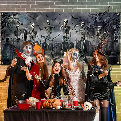 Panelee Halloween Garage Door Decoration 7x16ft Large Horror Backdrop Banner Horror Halloween Garage Door Cover with Bat Cemetery for Home Yard Scary Theme Party Outdoor Wall Decoration (Skeleton)
