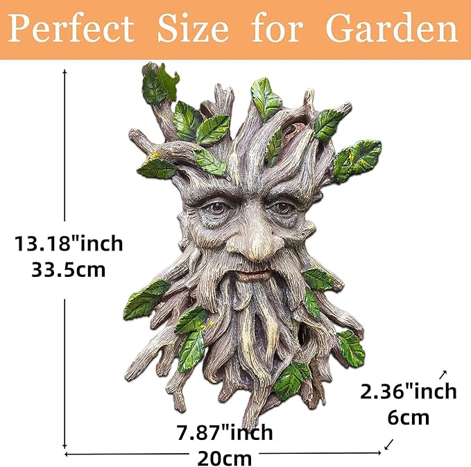 13.2" Real Tree Face Hugger Statue, Resin Elves Sculpture with Foliage Features, Large Outdoor Tree Hugger for Yard Art, Halloween Trees Decorations Outdoor Wall Mounted Statue