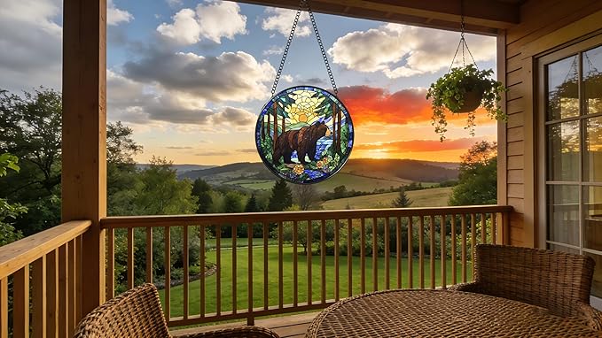 Stained Glass Window Hanging - A Black Bear is Walking in The Forest 6.3 Inches Suncatcher for Garden Home Decor for Women Mon Grandma Friends