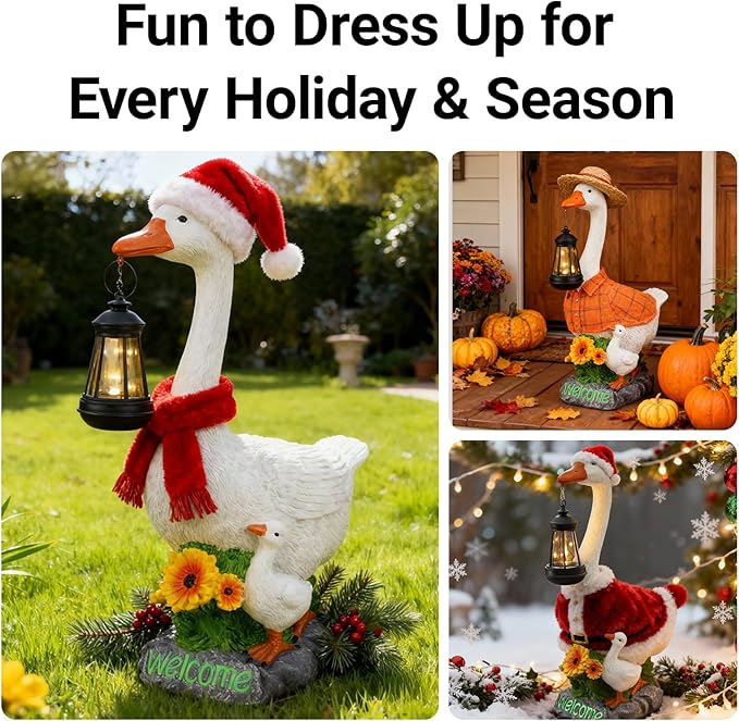 Solar Porch Goose Statue, Outdoor Goose Decor with Lantern for Yard Lawn Patio Balcony, Birthday Christmas Housewarming Gifts for Mom, Grandma, Women, 20 Inch, Resin