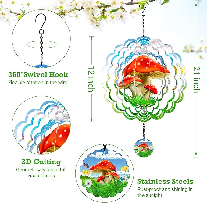 J-Fly Hanging Outdoor Garden Decor, Colorful Red Mushroom Wind Spinners, Ornaments Kinetic Yard Art, Unique Gifts for Women