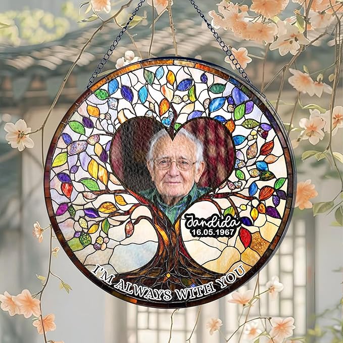 NAZENTI Custom Memorial Photo Gift for Grandpa, Keepsake and Remembrance, Sympathy in Memory of Loved One Gifts, I'm Always with You Gifts Sympathy Personalized Stained Glass Window Hanging