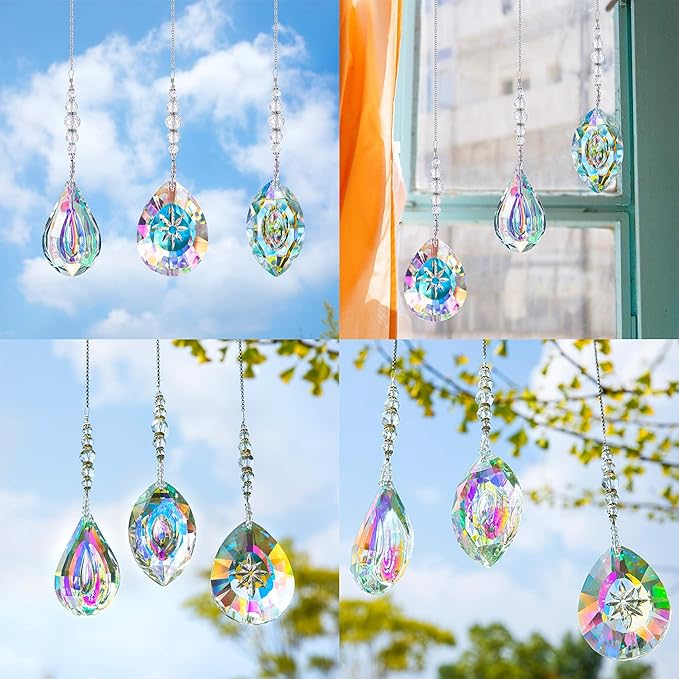 YU FENG 3PCS Crystal Suncatcher Set, Hanging Glass Prism Rainbow Maker for Window, Home & Garden Decor Light Catchers