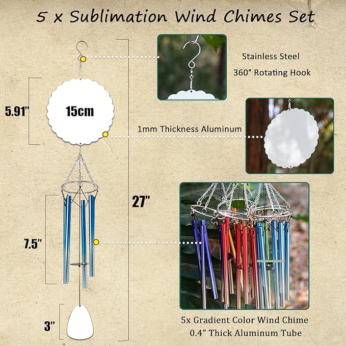 5 Packs 6inch Sublimation Wind Chime Blanks Set Double Size Printable Aluminum Metal Custom Wind Sculpture Kinetic Chimes for Heat Press DIY Craft Yard and Garden Indoor Hanging Decoration