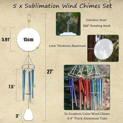 5 Packs 6inch Sublimation Wind Chime Blanks Set Double Size Printable Aluminum Metal Custom Wind Sculpture Kinetic Chimes for Heat Press DIY Craft Yard and Garden Indoor Hanging Decoration