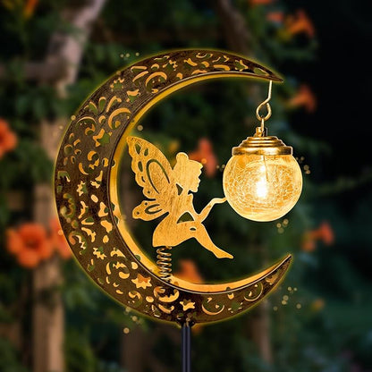 Solar Garden Statues Outdoor Decor, Fairy Moon Figurine Light Stake, Housewarming Ornament for Patio, Lawn, Yard, Pathway - Unique Gift Ideas for Gardening Mom Grandma