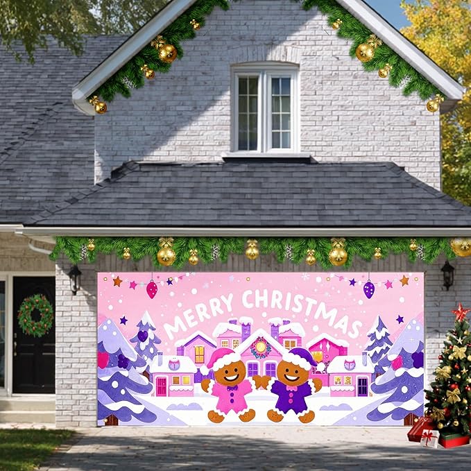 HOMETITUTE Christmas Garage Door Banner 13x6ft Pink House Gingerbread Man Backdrop with Purple Xmas Trees Snowflakes Star Lights Merry Xmas Sign Outdoor Yard Decoration