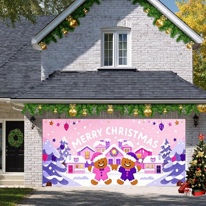 HOMETITUTE Christmas Garage Door Banner 13x6ft Pink House Gingerbread Man Backdrop with Purple Xmas Trees Snowflakes Star Lights Merry Xmas Sign Outdoor Yard Decoration