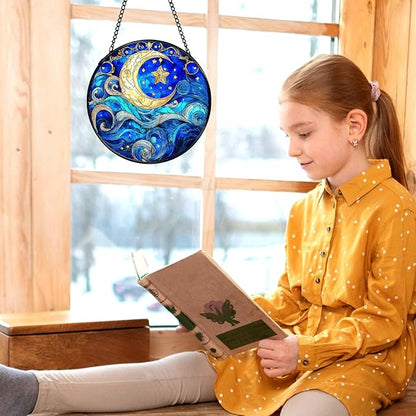 kdqua Moon and Star Suncatcher Stained Glass Window Hanging, Blue Celestial Astronomy Sun Catchers Indoor Window Glass Round Wall Decor, Moon and Stars Wall Art Hanging Decorations Statues, 7.9x7.9in