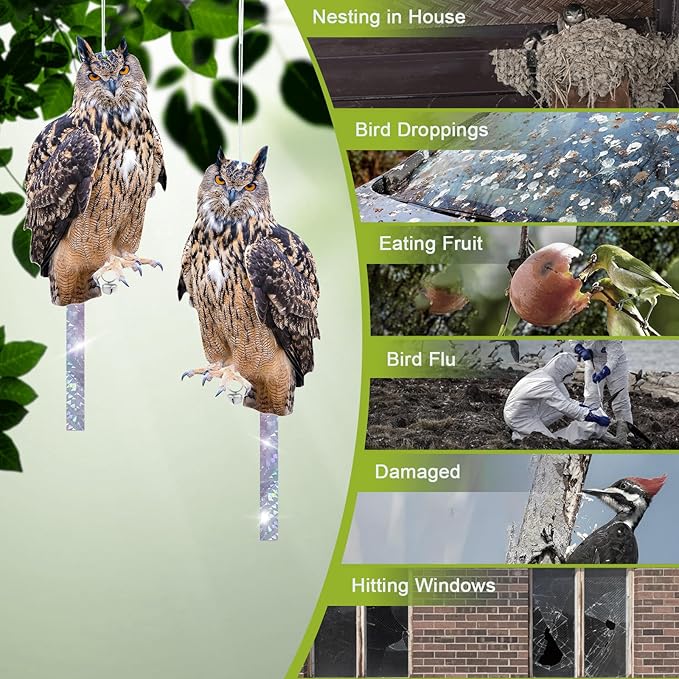 Owls to Keep Birds Away: 4 Pack Fake Owls with Reflective Tape for Garden Patio, Bird Scare Reflective Hanging Decoration to Keep Birds Pigeon from Windows Tree Garden