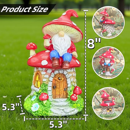 Solar Mushroom Gnomes Houses Figurine Lights, 8" Height Fairy Garden House LED Ornaments for Outside, Lighting Statue for Yard Patio Lawn Porch, Gardening Gifts for Women Mom Grandma