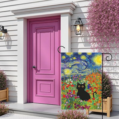 Spring Cat Garden Flag Van Gogh Style Black Cats Yard Falgs Vibrant Starry Night Floral Colorful Summer Artistic Kitty Flower Field House Banner for Porch Patio Lawn Pathway 12x18 Inch