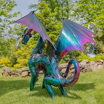 Zaer Ltd. Large Metal Dragon Statue, 89" L x 79" W x 73" H, Powder Coated (Oil-Slick Purple Blue)